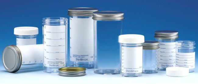 Recipientes de poliestireno Sterilin&trade; de 60 a 250 ml, 100 ml con tapón de metal y etiqueta impresa