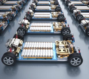 3d rendering group of electric cars with pack of battery cells module on platform in a row