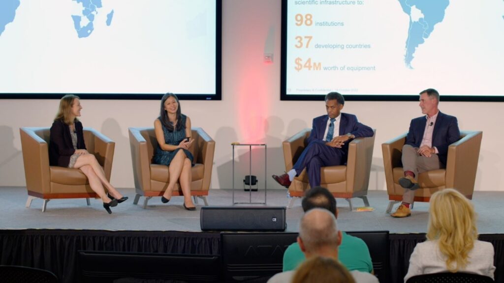 Thermo Fisher Scientific Biosciences Division President Amy Butler (left), Seeding Labs CEO Melissa P. Wu (center left), CDT-Africa Head Abebaw Fekadu Wassie (center right), and Thermo Fisher Vice President and General Manager, Molecular Biology Dale Patterson (right) sit in conversation at a recent presentation in Carlsbad, CA about the Thermo Fisher and Seeding Labs instrument trade-in partnership.